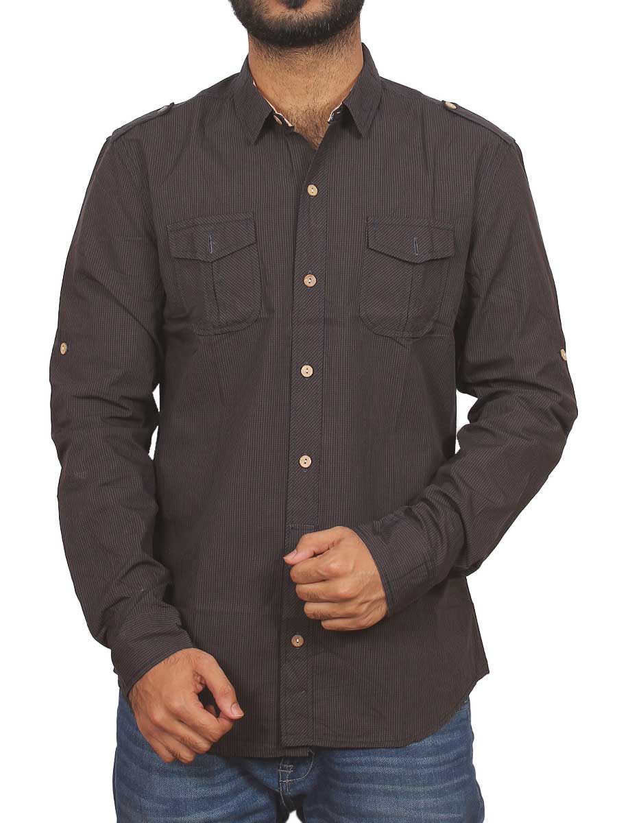 Dark Brown Micro Check Casual Shirt