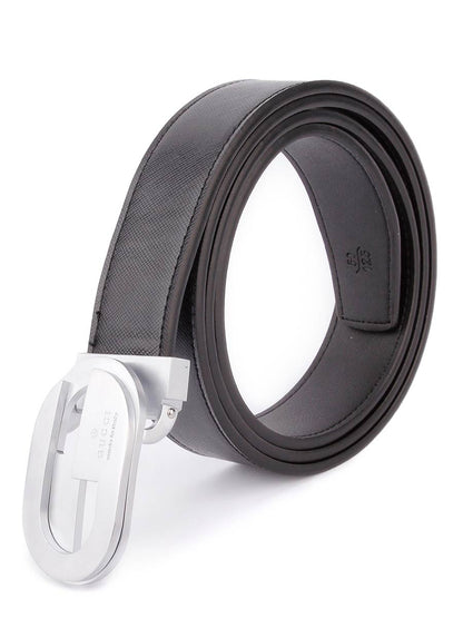 Silver GG Bold Buckle - Black Textured Belt
